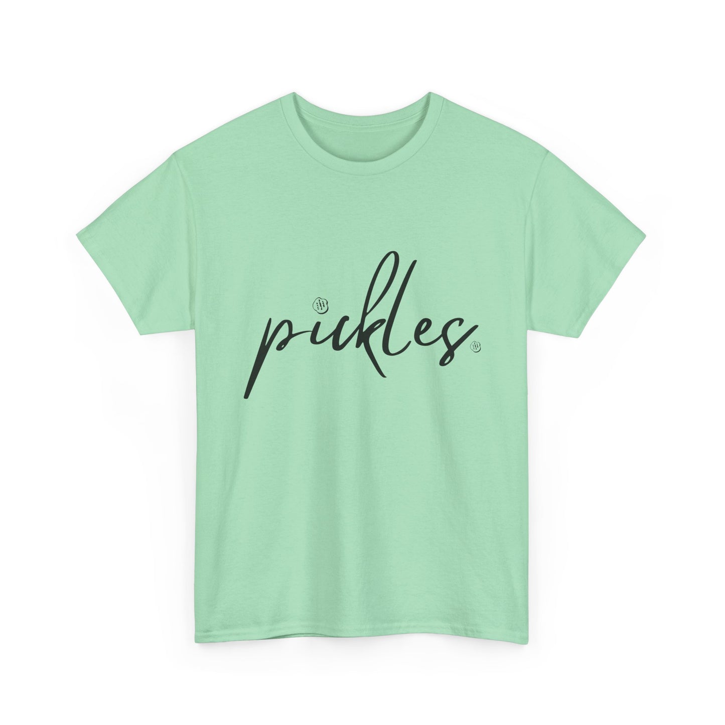 'Pickles' Tee with Cursive Writing and Pickle Chip Graphics