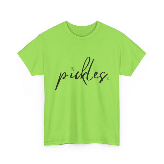 'Pickles' Tee with Cursive Writing and Pickle Chip Graphics